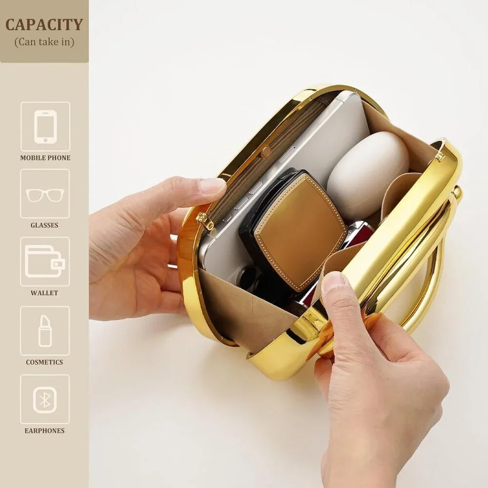 Women's Gold Acrylic Zipper Magnetic Closure Shoulder Wedding Crossbody Clutch